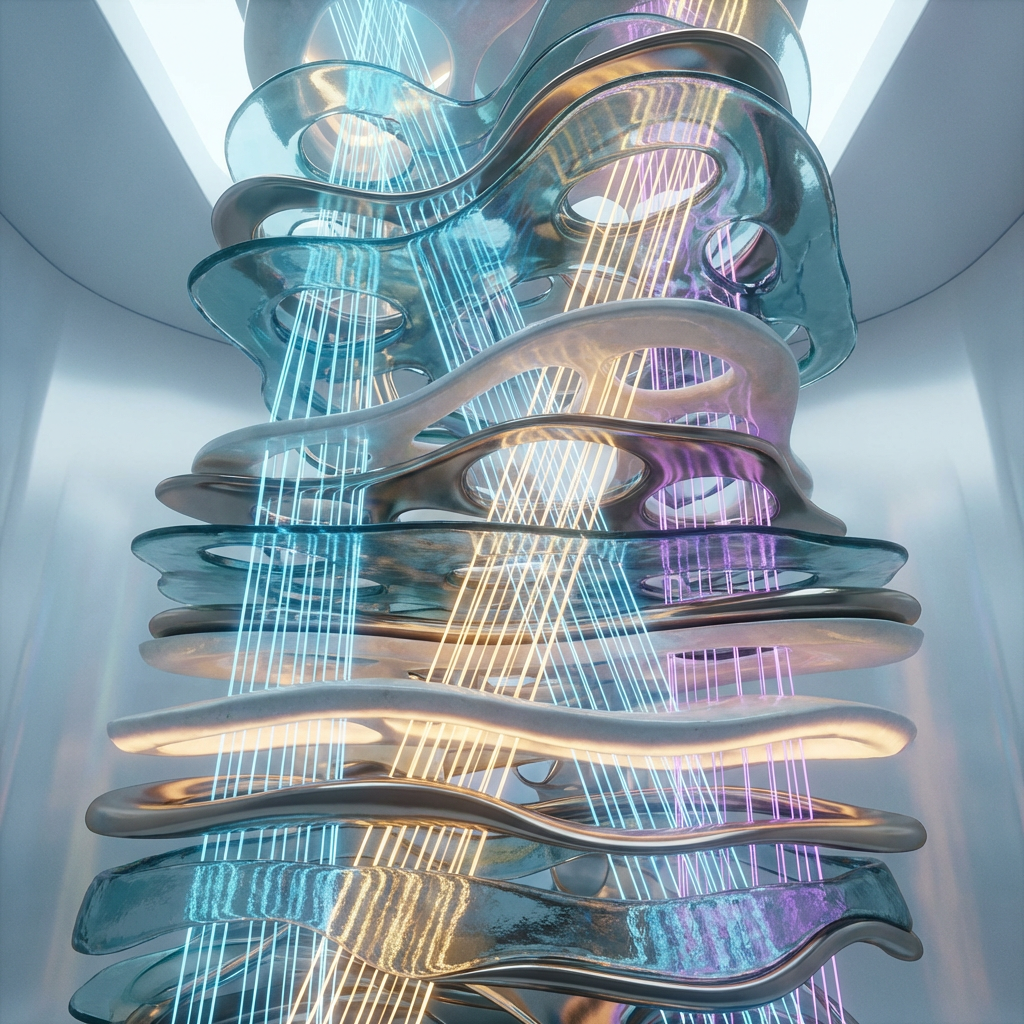 Vertical light beams pass through stacked, wavy glass and metal layers in an abstract sculpture.
