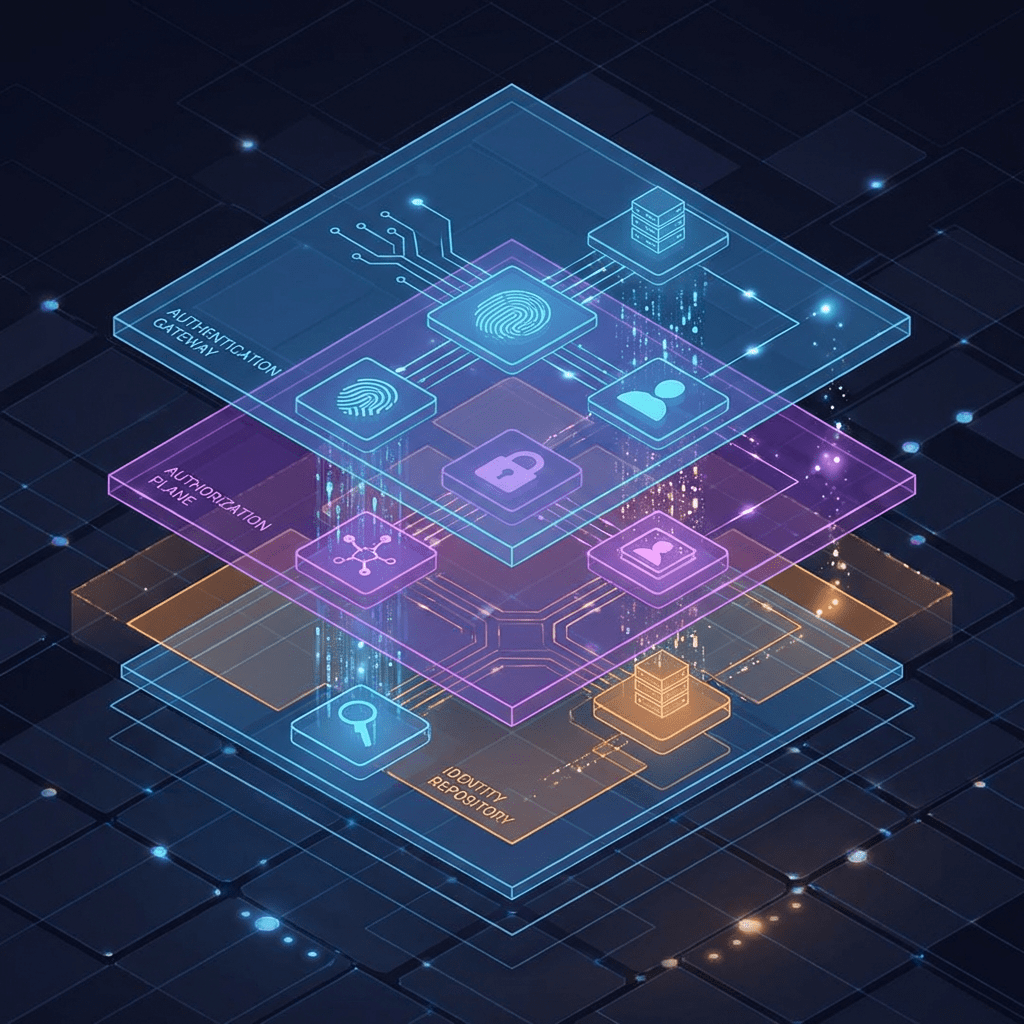 Diagram of Authentication Gateway, Authorization Plane, and Identity Repository layers in a cybersecurity system.