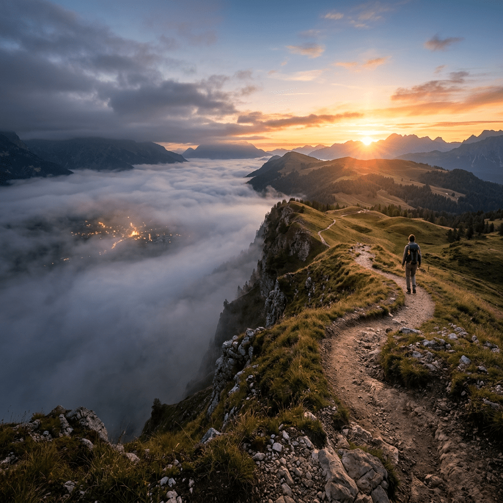 Hiker walking on mountain ridge with sunset and foggy valley below