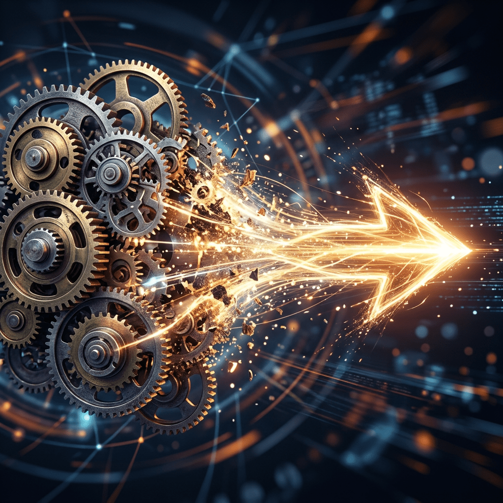 Cluster of interlocking metal gears morphing into a bright glowing arrow
