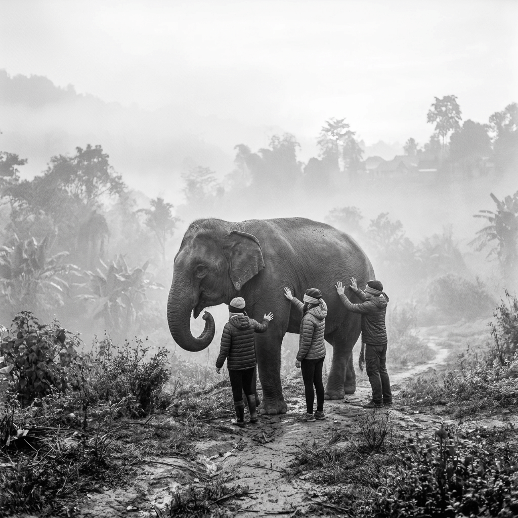 Three people touching an elephant in a misty forest path at early morning