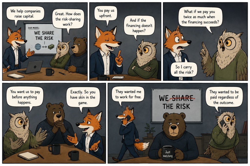 A business team debates a deal while Evidence Bear listens as the real disagreement shifts from price to who carries the downside and who keeps the upside.