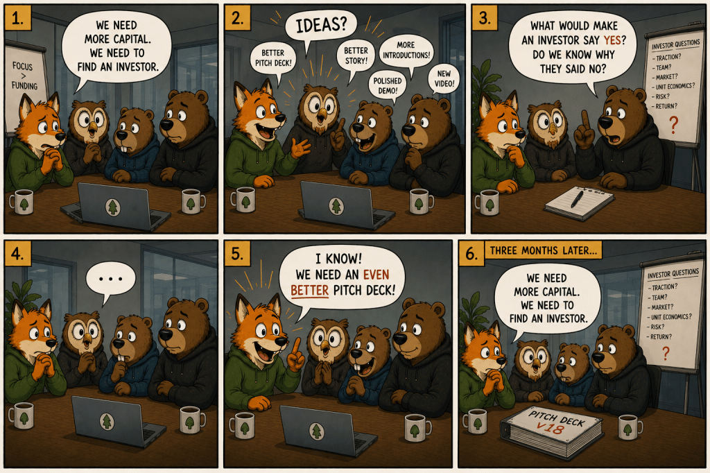 A startup team keeps proposing better pitch decks, stories, introductions and demos until Evidence Bear asks what would actually make an investor say yes and whether the team understands why previous investors said no.